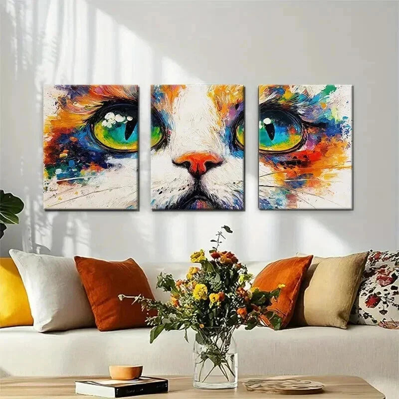 3pcs Colorful Cat Vibrant Abstract Perfect Wall Art Set Canvas Framed 40x60cm - High Quality Print 100% Australian Made Wall Canvas Ready to Hang