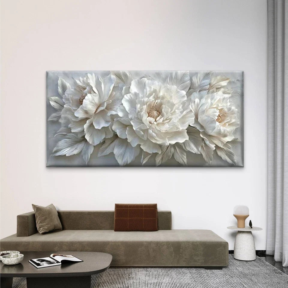 White Floral Bloom White Flower Wall Art Canvas Office Home Room Framed 80x45cm
