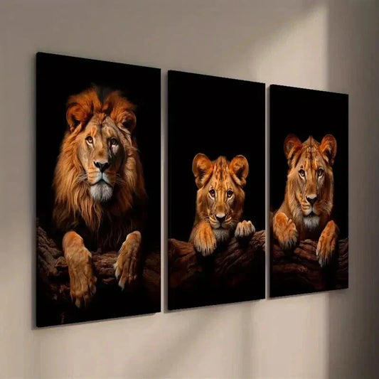 3pcs Lion & Cub Portrait on Dark Background Wall Art Set Canvas Framed 40x60cm - High Quality Print 100% Australian Made Wall Canvas Ready to Hang