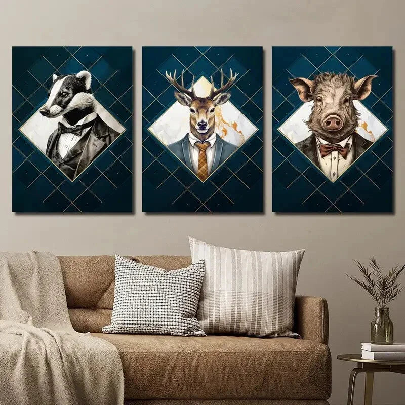 3pcs Badger Deer and Pig in Suits Wall Art Set Canvas Framed 40x60cm - High Quality Print 100% Australian Made Wall Canvas Ready to Hang
