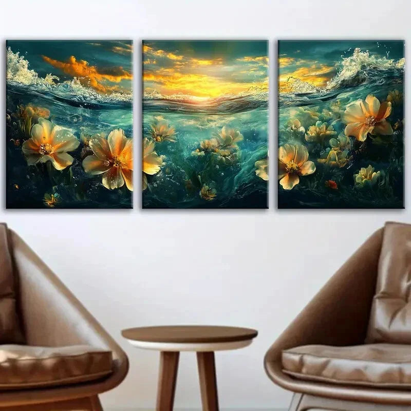 3pcs Fashion Sea Flower Art Sunset White Flowers Wall Art Set Canvas Framed 40x60cm - High Quality Print 100% Australian Made Wall Canvas Ready to Hang