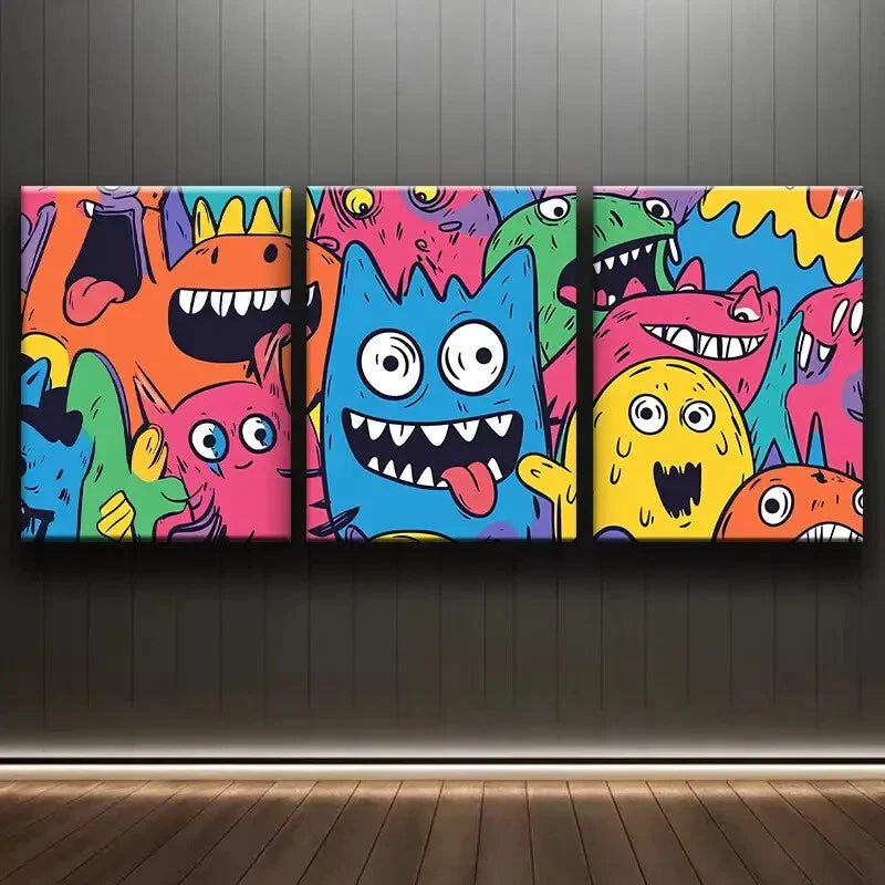3pcs Monster Theme for Home Colorful Perfect Wall Art Set Canvas Framed 40x60cm - High Quality Print 100% Australian Made Wall Canvas Ready to Hang