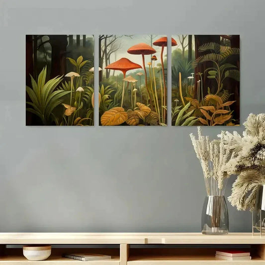 3pcs Mid Century Jungle Mushroom Metal Print Ready to Hang Art