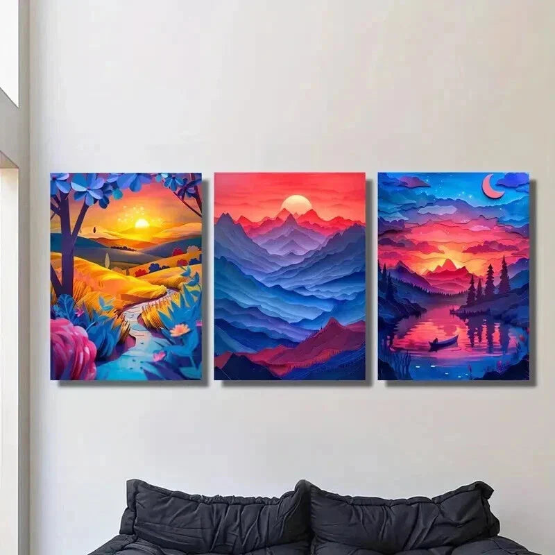 3pcs Rich Valley & Mountain Landscape at Sunset Wall Art Set Canvas Framed 40x60cm - High Quality Print 100% Australian Made Wall Canvas Ready to Hang
