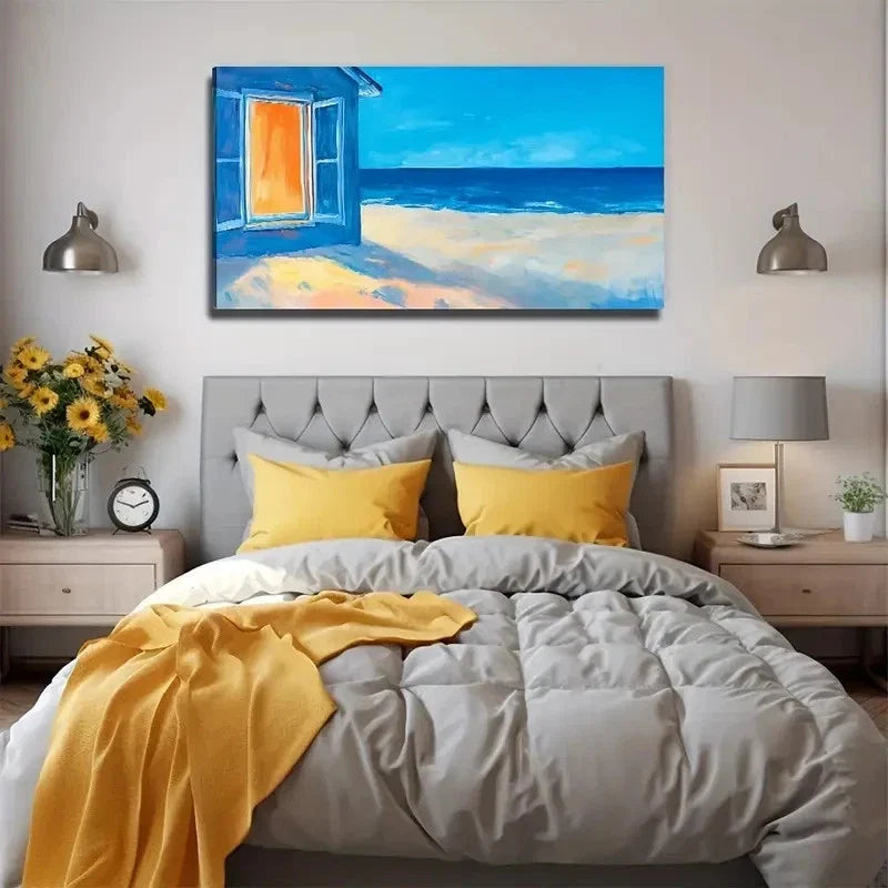 Coastal Open Window Beach Wall Art Canvas Office Home Room Framed 80x45cm