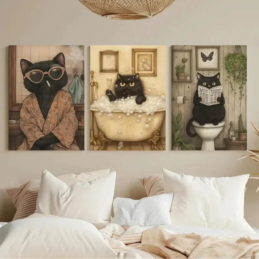 3pcs Whimsical Reading Books Black Cat Metal Print Ready to Hang Art