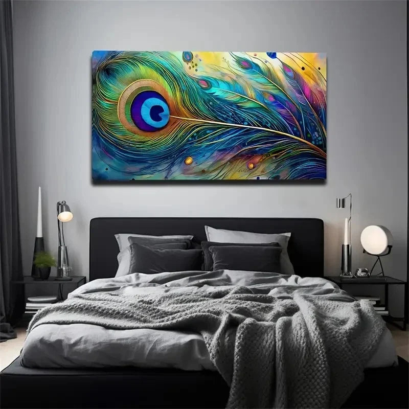 Peacock Feathers Suitable Wall Art Canvas Office Home Room Framed 80x45cm