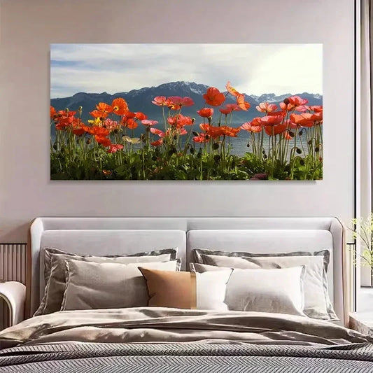 Mountain Lakes & Blooming Red Wall Art Canvas Office Home Room Framed 120x60cm