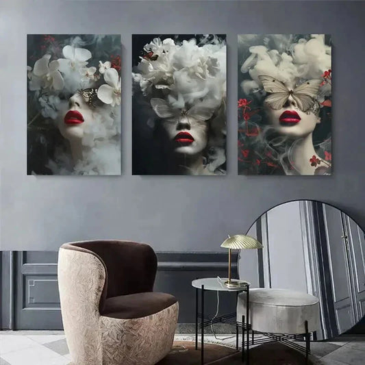 3pcs Red Lips Floral Face Smoke Abstract Metal Print Ready to Hang Art
