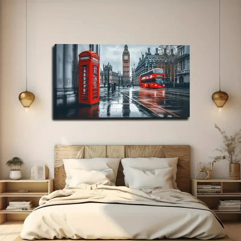 Vibrant Red Street Scene Wall Art Canvas Office Home Room Framed 80x45cm