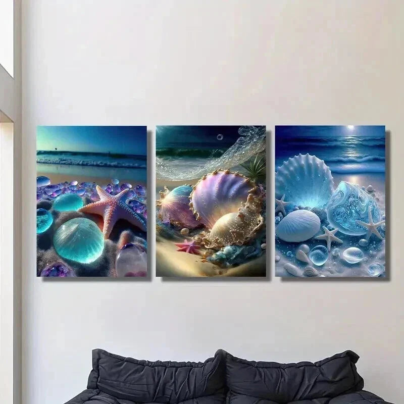 3pcs Starfish & Seashells Beach Scene Wall Art Set Canvas Framed 40x60cm - High Quality Print 100% Australian Made Wall Canvas Ready to Hang