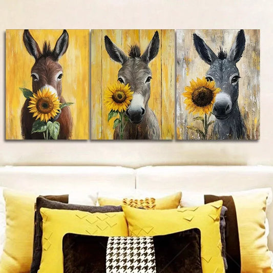 3pcs an Adorable Donkey Adorned with a Sunflower Wall Art Set Canvas Framed 40x60cm - High Quality Print 100% Australian Made Wall Canvas Ready to Hang