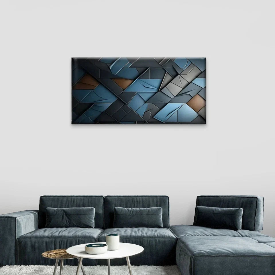 Geometric Design Blue Black Wall Art Canvas Office Home Room Framed 120x60cm