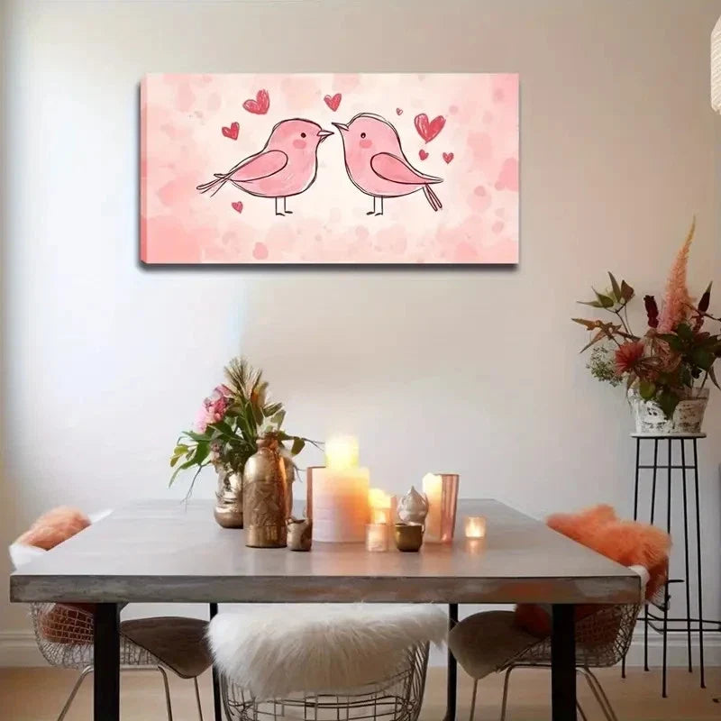Cartoon Birds In Love With Hear Wall Art Canvas Office Home Room Framed 120x60cm