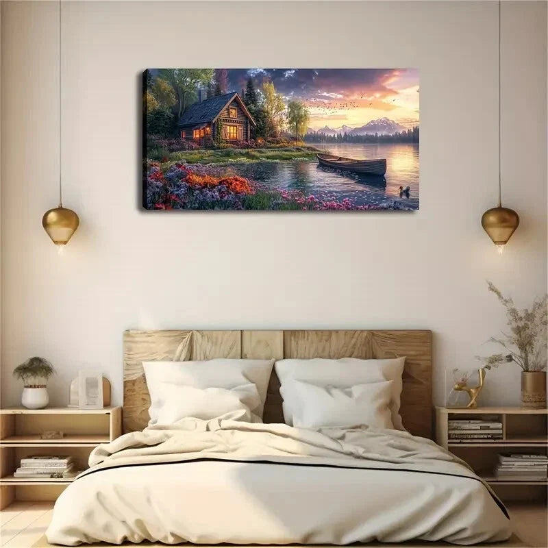 Wooden House Filled Flowers Wall Art Canvas Office Home Room Framed 120x60cm