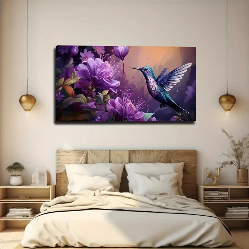 Hummingbird & Purple Flowers Wall Art Canvas Office Home Room Framed 80x45cm