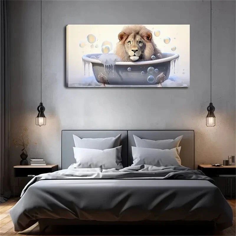 Whimsical Lion Cub in Bathtub Wall Art Canvas Office Home Room Framed 120x60cm