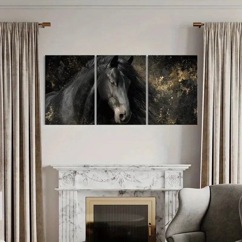 3pcs Black Horse Art Equestrian Decor Metal Print Ready to Hang Art