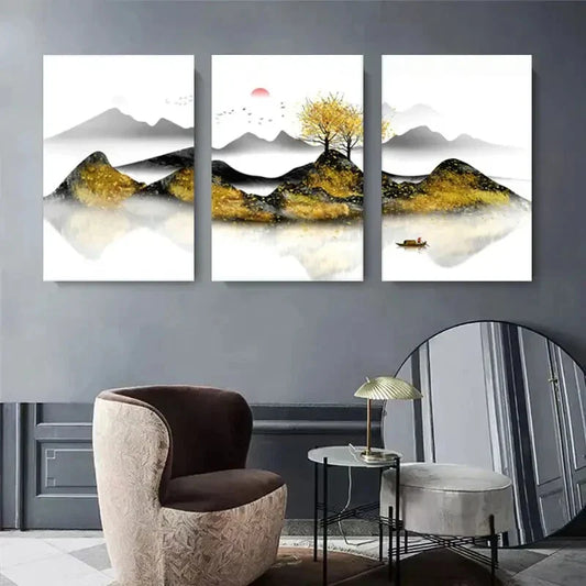 3pcs Mountain, River, and Tree Nature Scene Metal Print Ready to Hang Art