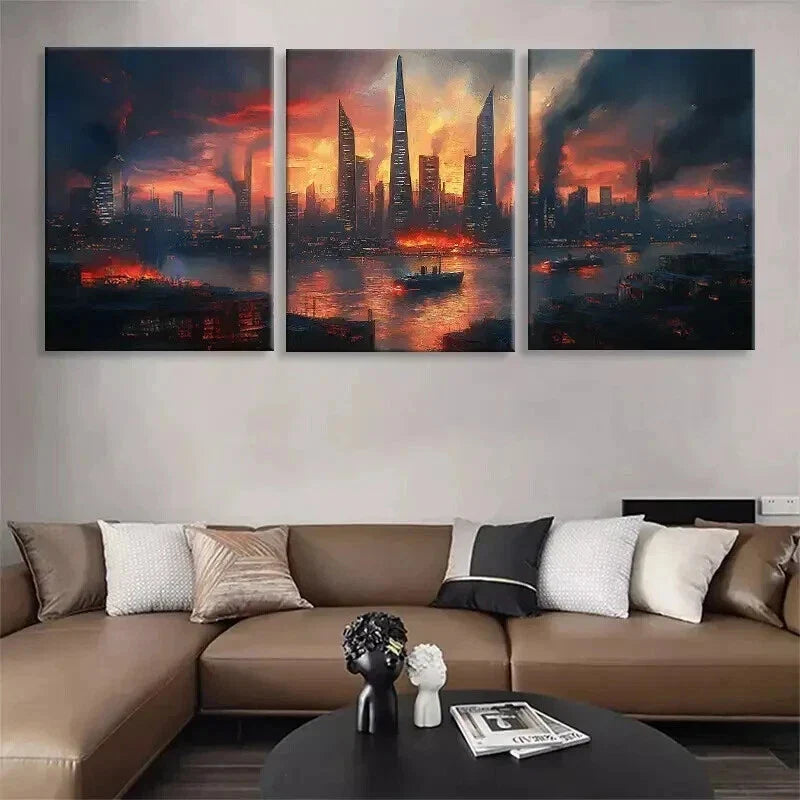 3pcs Skyscrapers and Burning Waters Prefect Wall Art Set Canvas Framed 40x60cm - High Quality Print 100% Australian Made Wall Canvas Ready to Hang