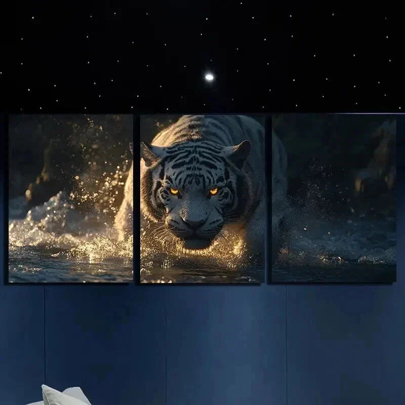 3pcs White Tiger With Glowing Eyes Wall Art Set Canvas Framed 40x60cm - High Quality Print 100% Australian Made Wall Canvas Ready to Hang