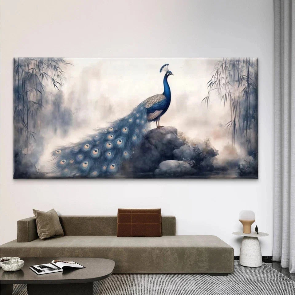Elegant Blue Peacock Wall Art Canvas Office Home Room Framed 80x45cm