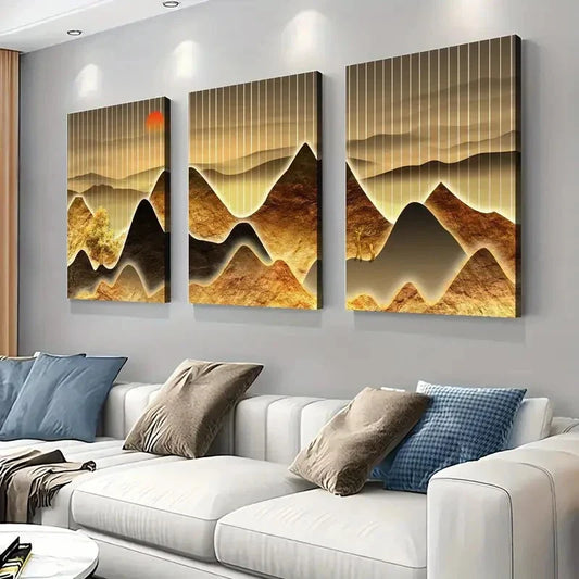 3pcs Golden Mountain Scenery with Sunset  Wall Art Set Canvas Framed 40x60cm - High Quality Print 100% Australian Made Wall Canvas Ready to Hang