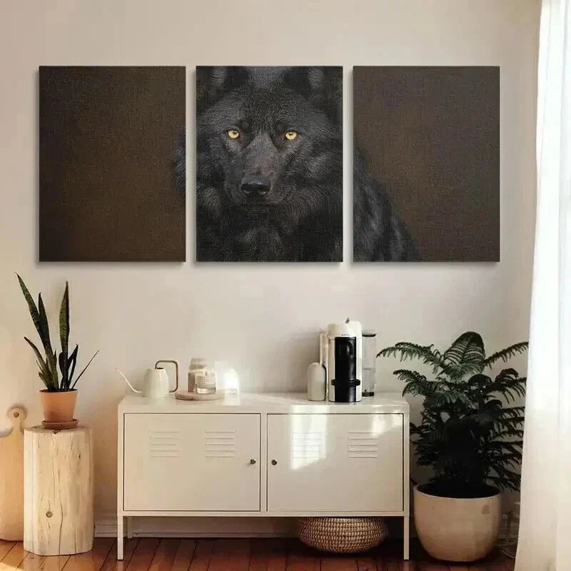 3pcs Black Wolf Staring with Golden Eyes Wall Art Set Canvas Framed 40x60cm - High Quality Print 100% Australian Made Wall Canvas Ready to Hang