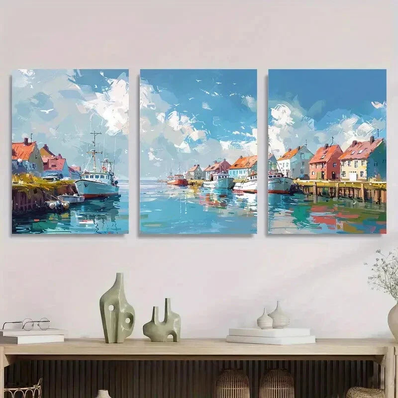 3pcs Colorful Coastal Village, Scenic Harbor Metal Print Ready to Hang Art