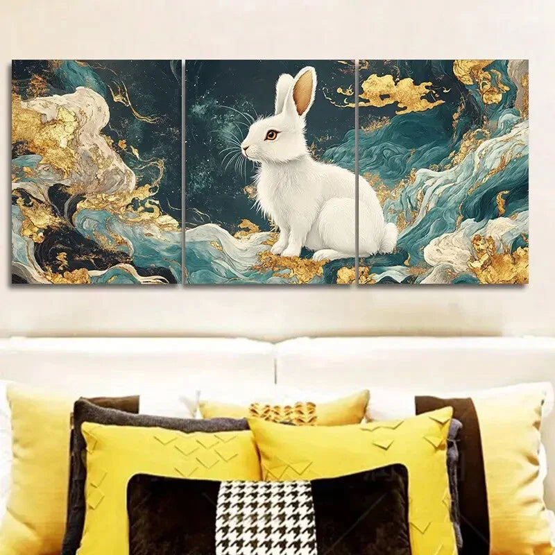 3pcs White Rabbit Embroidery Metal Print Ready to Hang Art