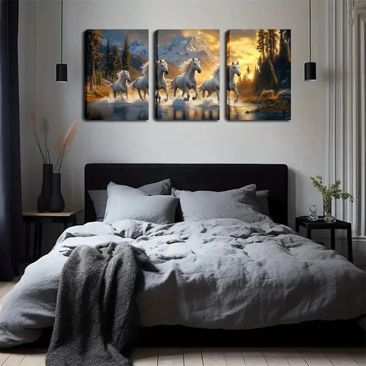 3pcs four white horses running in the river Wall Art Set Canvas Framed 40x60cm - High Quality Print 100% Australian Made Wall Canvas Ready to Hang