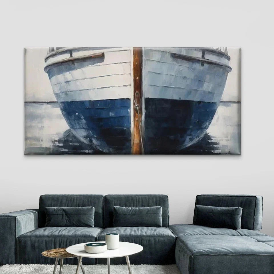 Blue & White Boat Seascape Wall Art Canvas Office Home Room Framed 120x60cm