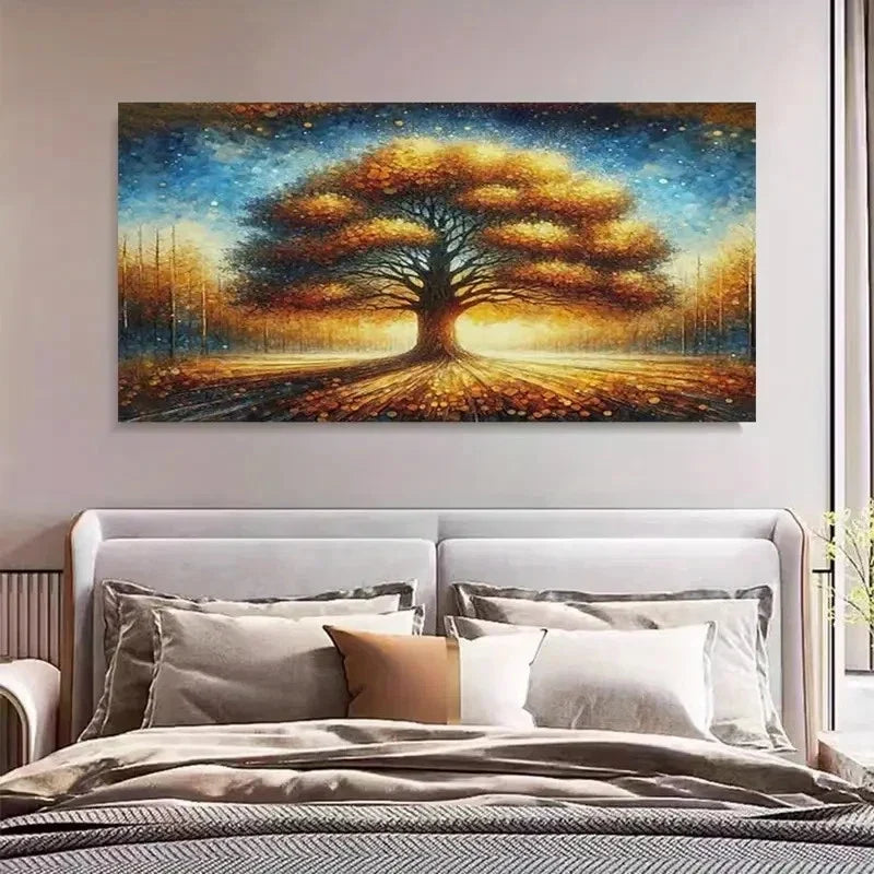 Vibrant Starry Forest Scene Wall Art Canvas Office Home Room Framed 120x60cm