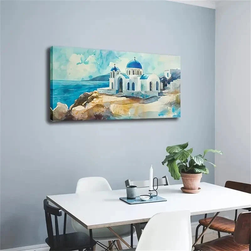 Realistic Coastal Blue-Roofed Wall Art Canvas Office Home Room Framed 80x45cm