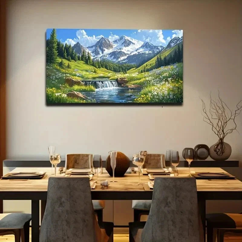 Serene Stream Snow-Capped Wall Art Canvas Office Home Room Framed 120x60cm