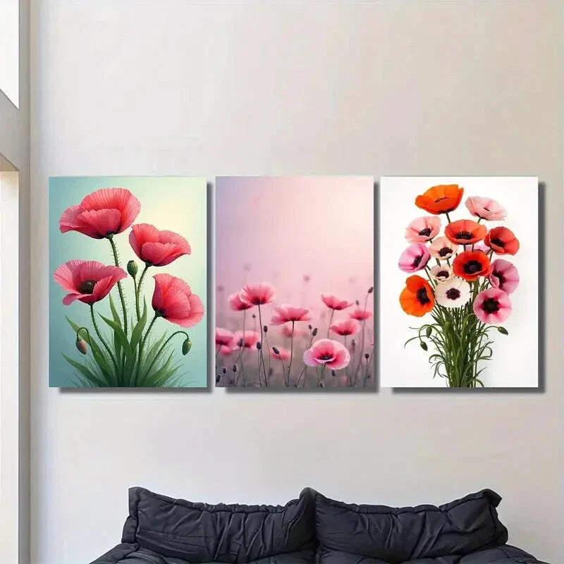 3pcs Vibrant Pink & Orange Poppy Designs Metal Print Ready to Hang Art