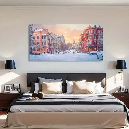 Depicting A Snowy City Street Wall Art Canvas Office Home Room Framed 120x60cm