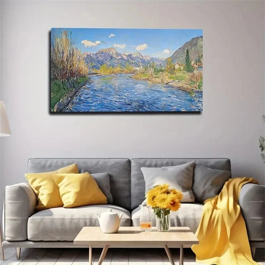 Vibrant Mountain River Sunlit Wall Art Canvas Office Home Room Framed 120x60cm