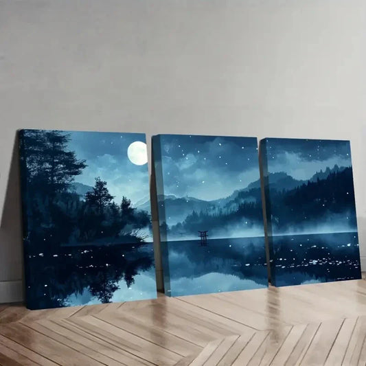3pcs Moonlit Forest ,Tranquil Mountain Landscape Wall Art Set Canvas Framed 40x60cm - High Quality Print 100% Australian Made Wall Canvas Ready to Hang