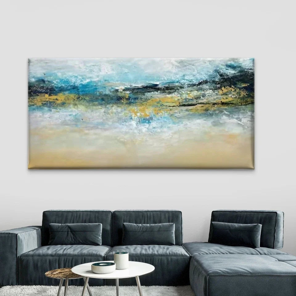 Abstract Blue Golden Beige Wall Art Canvas Office Home Room Framed 80x45cm