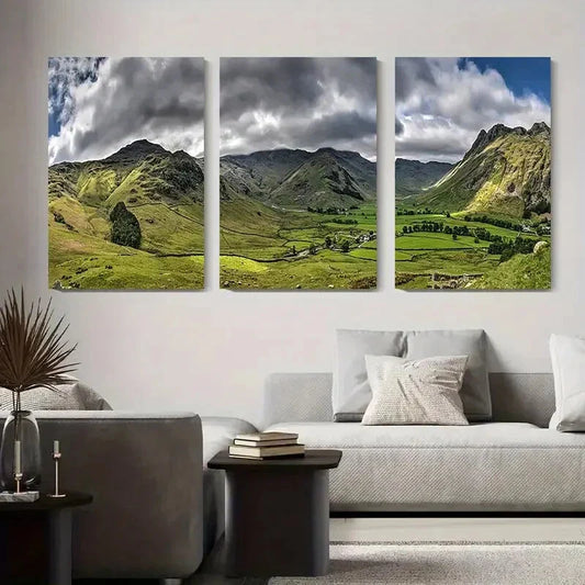 3pcs Majestic Mountain Landscape Serene Green Metal Print Ready to Hang Art