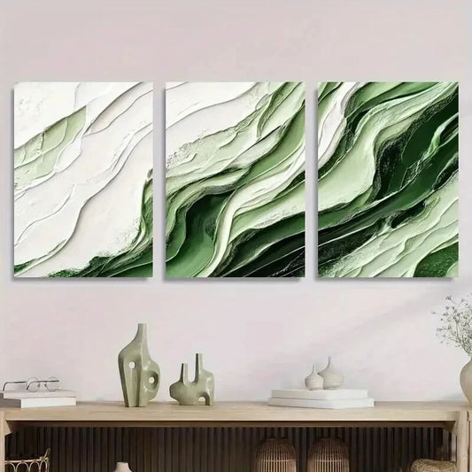 3pcs Abstract Green and White Texture Metal Print Ready to Hang Art