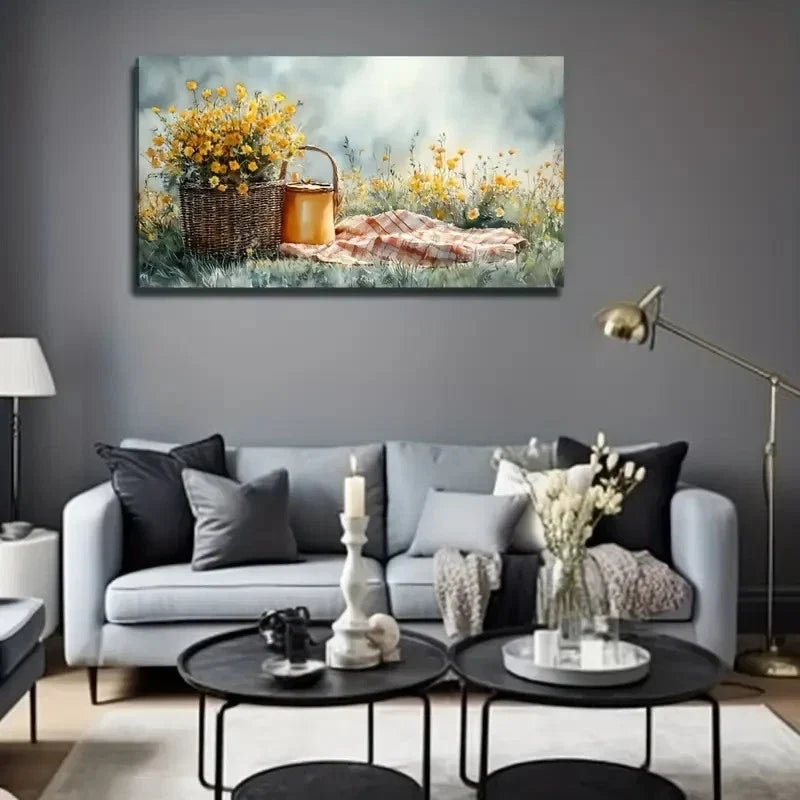 Yellow Flowers In The Meadow Wall Art Canvas Office Home Room Framed 120x60cm