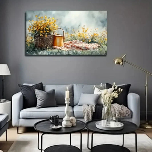 Yellow Flowers In The Meadow Wall Art Canvas Office Home Room Framed 120x60cm