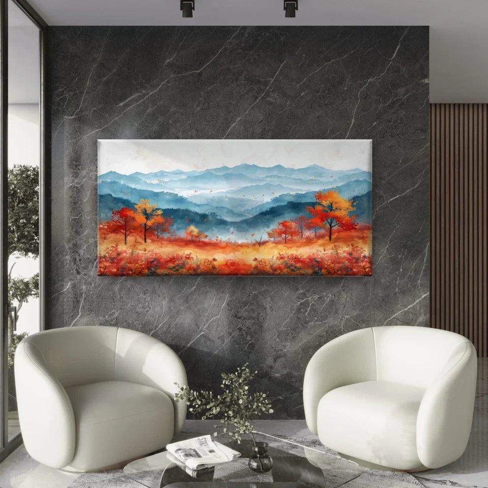 Autumn Field Against Mountains Wall Art Canvas Office Home Room Framed 80x45cm