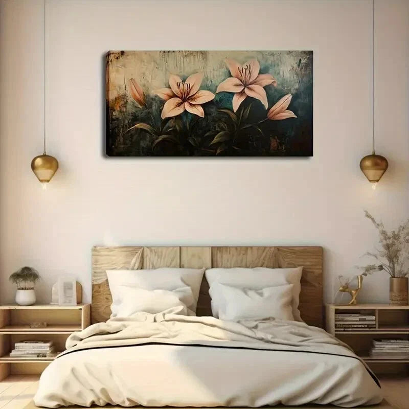 Pastel Pink Lilies Green Leaves Wall Art Canvas Office Home Room Framed 120x60cm