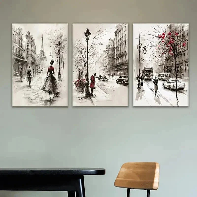3pcs Street with People Cars and Eiffel Tower Wall Art Set Canvas Framed 40x60cm - High Quality Print 100% Australian Made Wall Canvas Ready to Hang