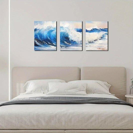 3pcs Blue Waves Ocean Beach Blue & White Metal Print Ready to Hang Art