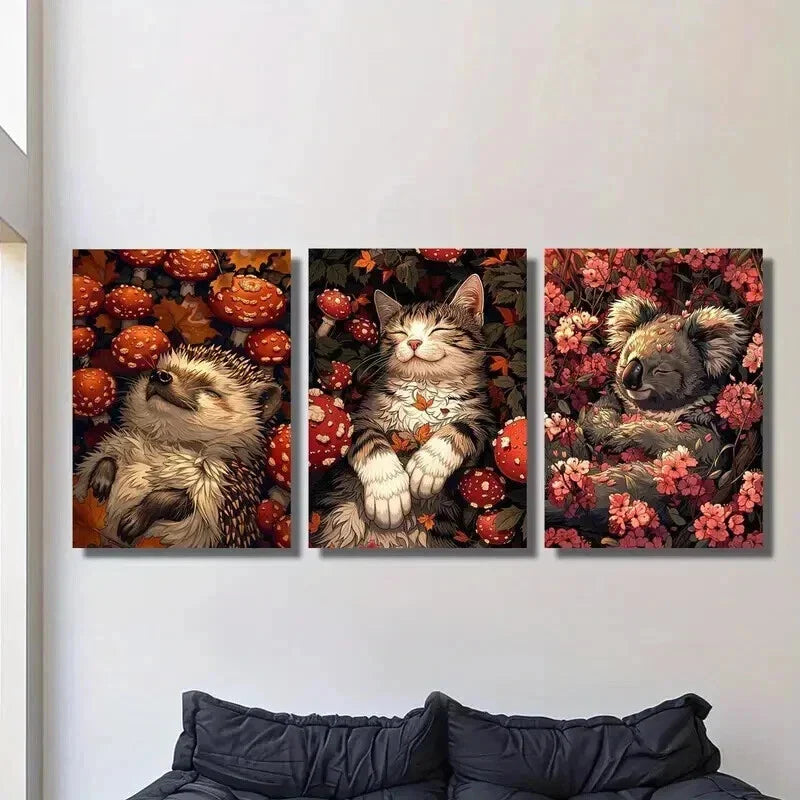 3pcs Hedgehog Cat Koala in Mushroom & Flowers Wall Art Set Canvas Framed 40x60cm - High Quality Print 100% Australian Made Wall Canvas Ready to Hang