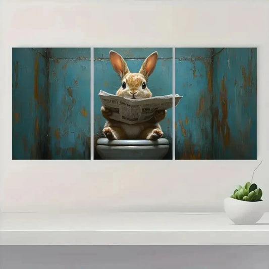3pcs Humorous Rabbit Reading Newspaper Metal Print Ready to Hang Art
